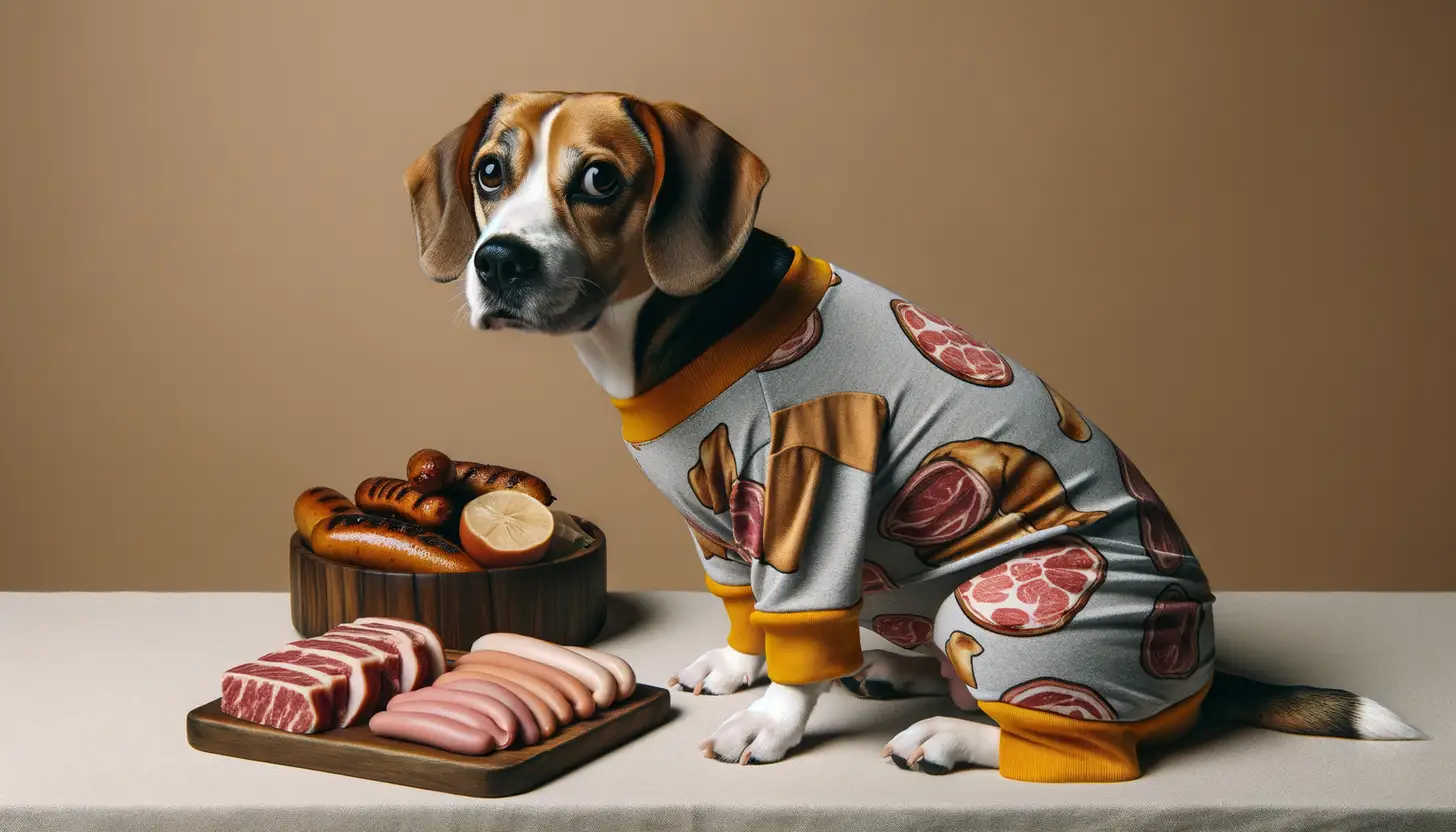 A dog with a wary expression looking at cold cuts, showing they are harmful to dogs.