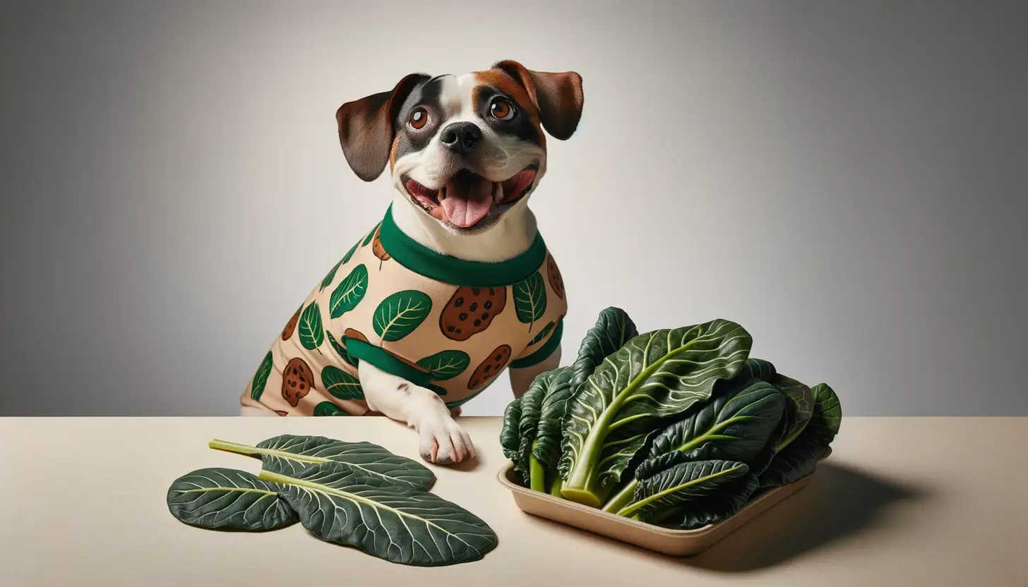 A dog with an excited expression looking at collard greens, showcasing a superfood for dogs.