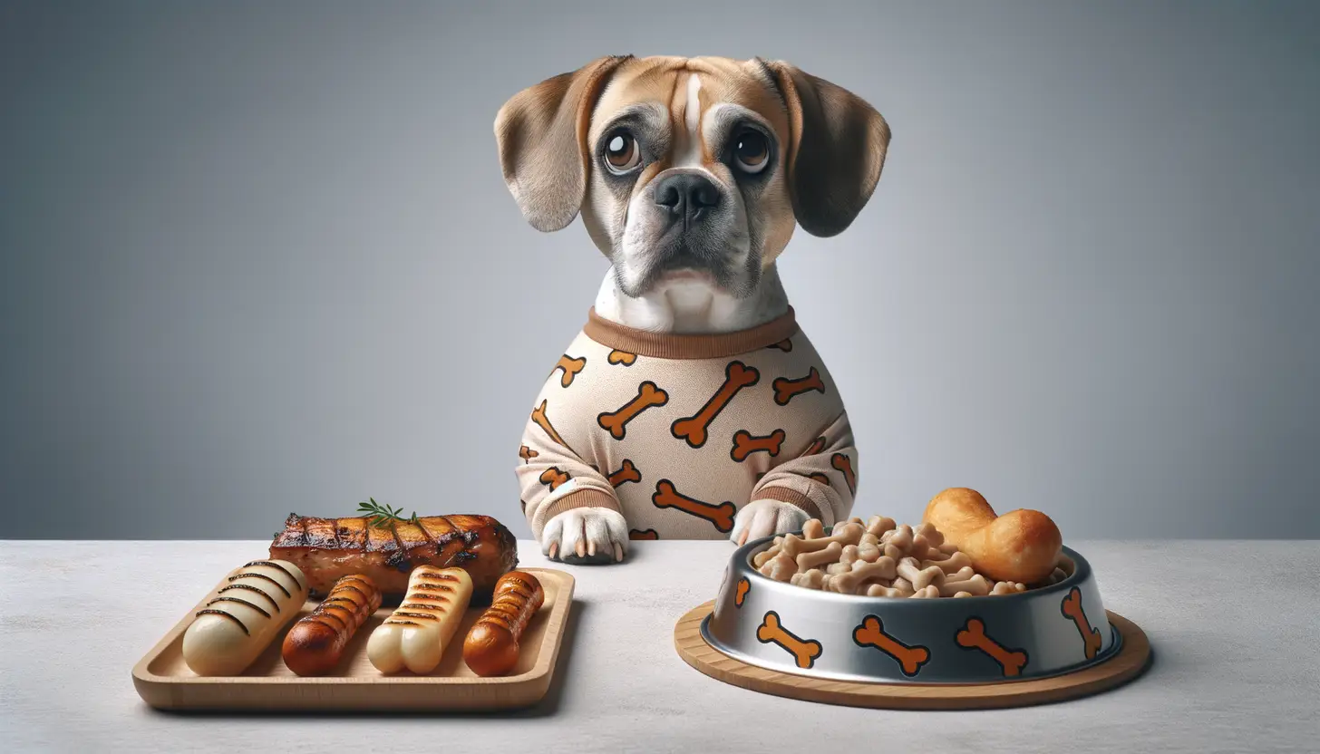 A dog with a wary expression looking at cooked bones, showing they are harmful to dogs.