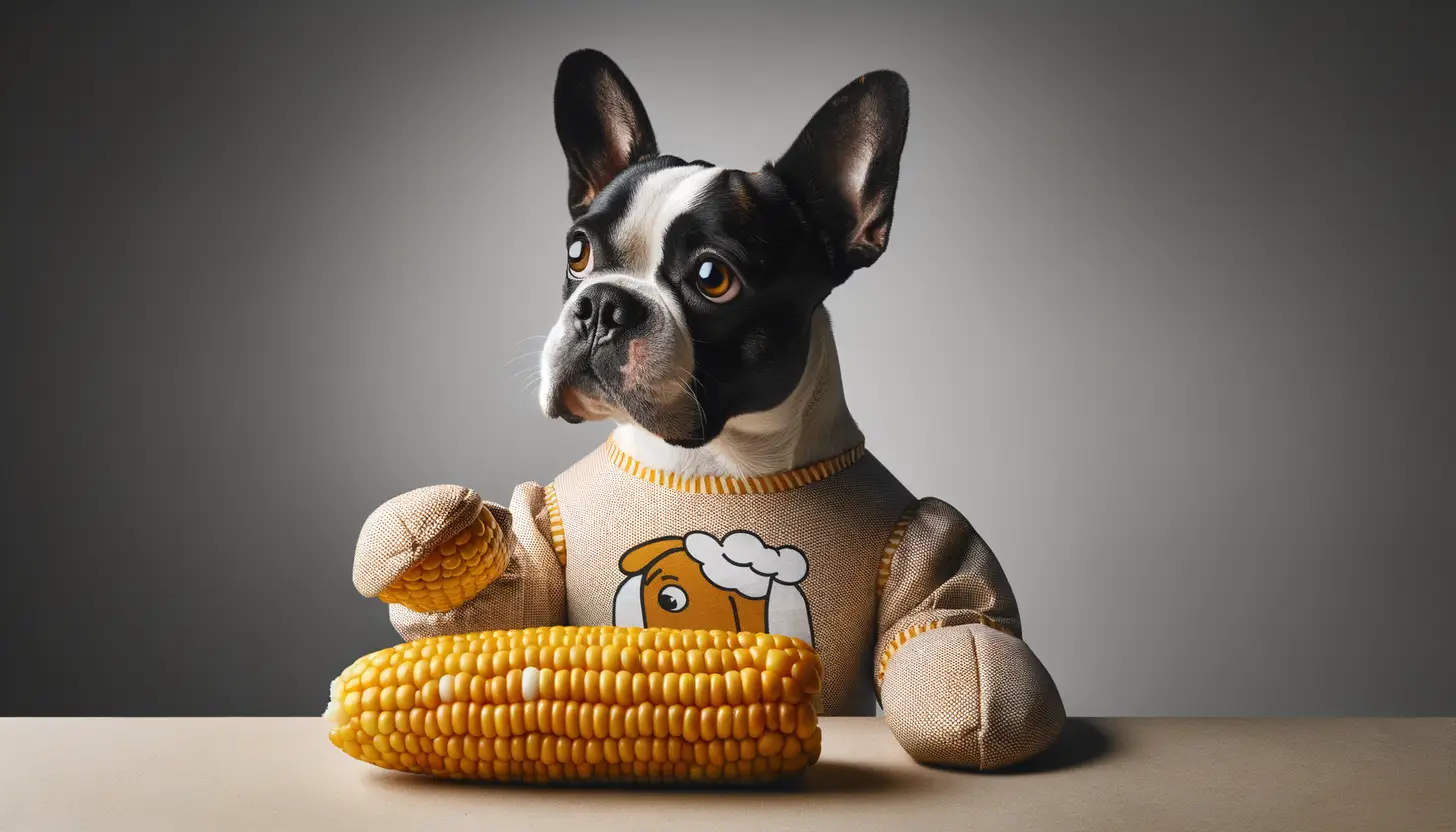 A dog with a curious expression looking at cooked corn, indicating moderate safety for dogs.