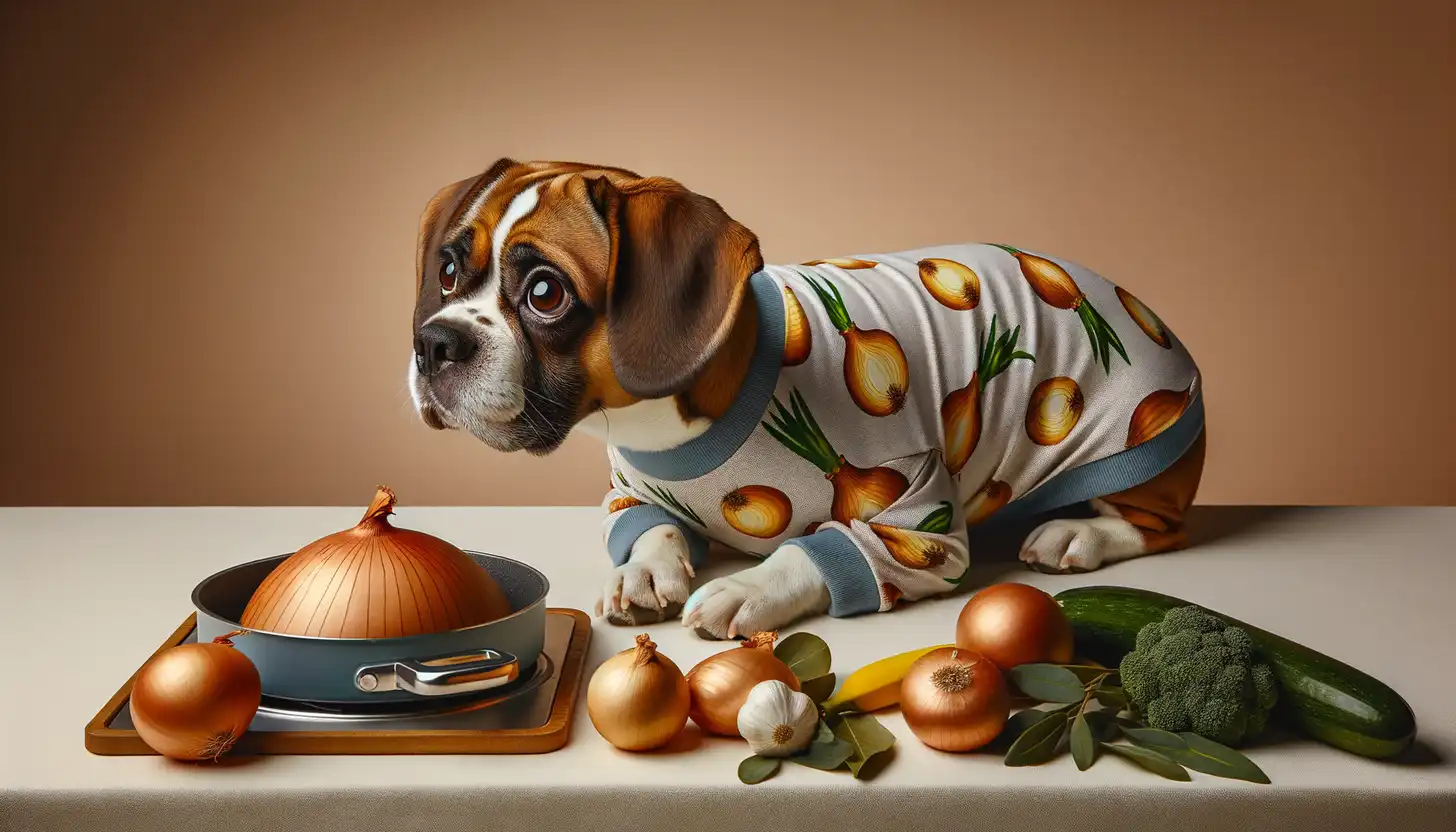 A dog with a concerned expression looking at cooked onions, indicating it's toxic for dogs.