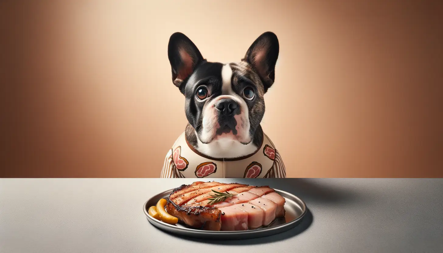 A dog with a curious expression looking at cooked pork, indicating moderate safety for dogs.