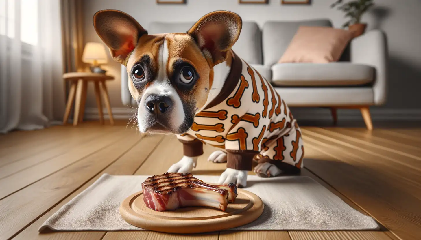 A dog with a concerned expression looking at cooked steak bones, indicating it's toxic for dogs.