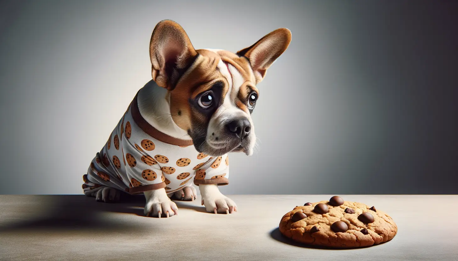 A dog with a wary expression looking at cookies, showing they are harmful to dogs.