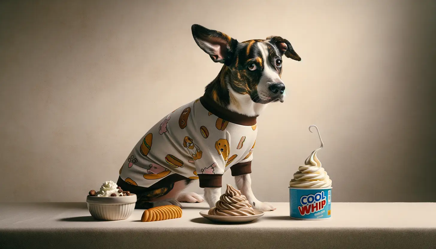 A dog with a wary expression looking at cool whip, showing they are harmful to dogs.