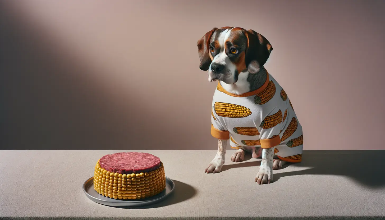 A dog with a wary expression looking at corn beef, showing they are harmful to dogs.