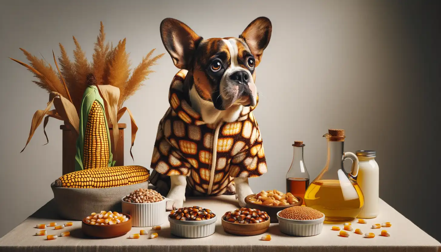 A dog with a wary expression looking at corn husks, showing they are harmful to dogs.