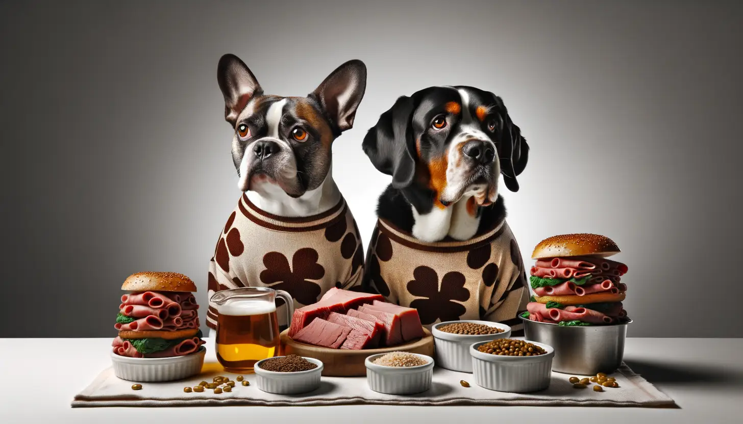 A dog with a wary expression looking at corned beef, showing they are harmful to dogs.