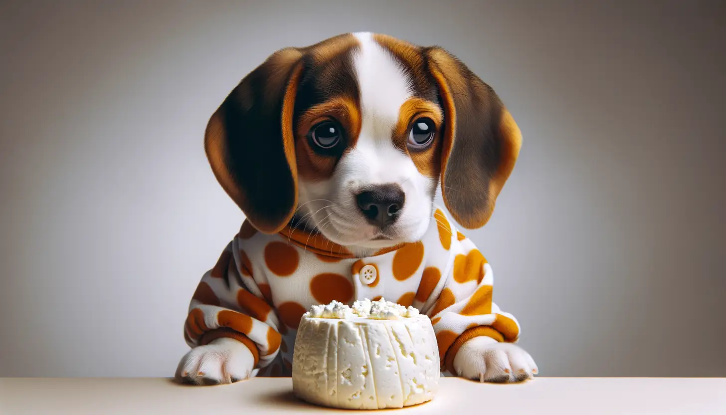 A dog with a curious expression looking at cottage cheese, indicating moderate safety for dogs.