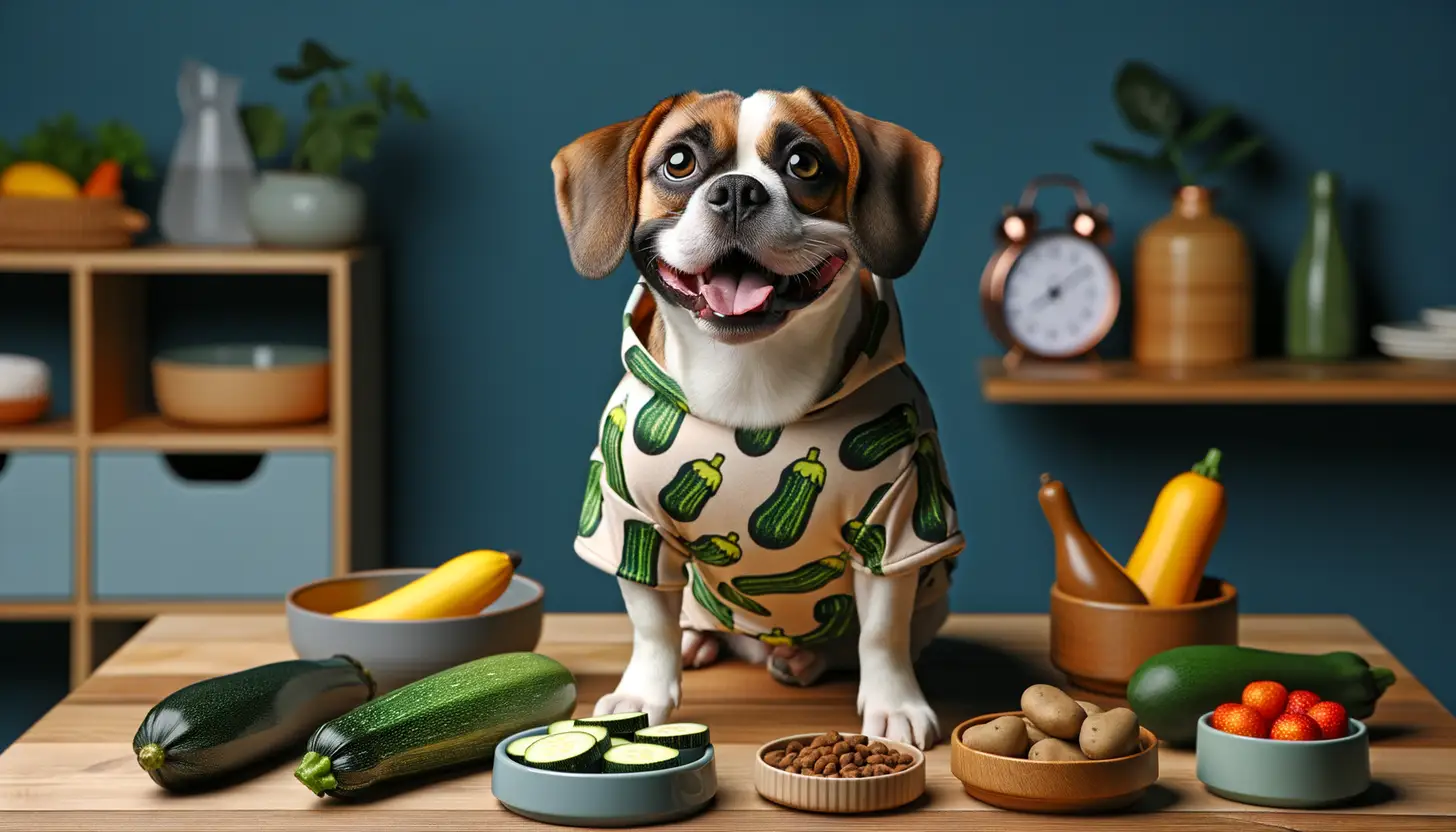 A dog with a happy expression looking at courgette, highlighting healthy food for dogs.