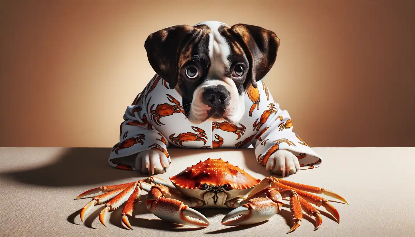 A dog with an unsure expression looking at crab legs, indicating caution for dog consumption.