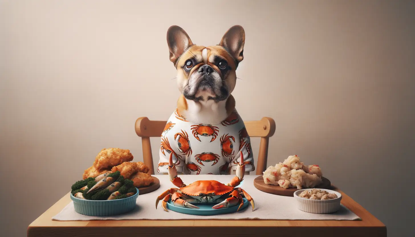 A dog with a curious expression looking at crab meat, indicating moderate safety for dogs.