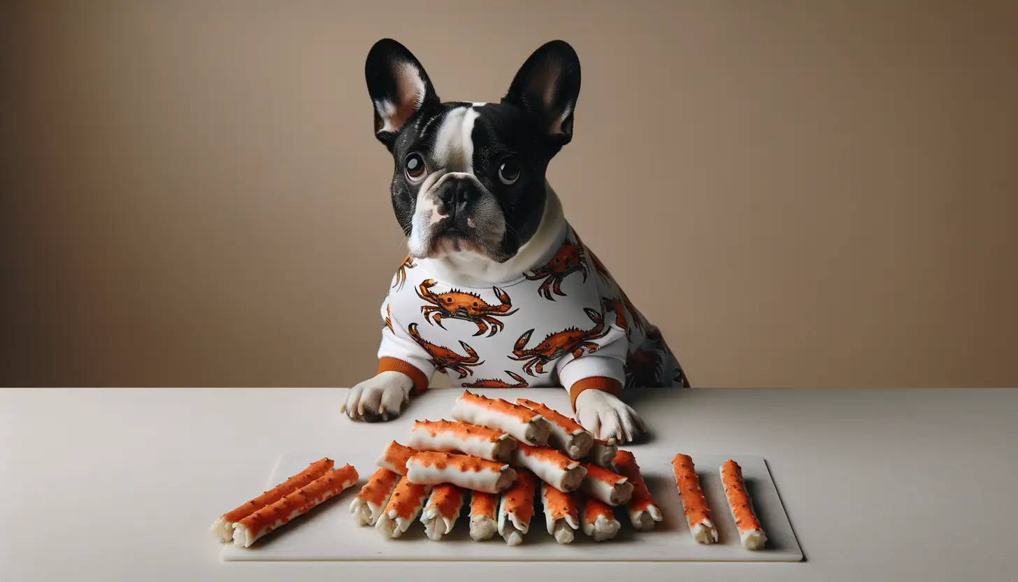 A dog with a wary expression looking at crab sticks, showing they are harmful to dogs.