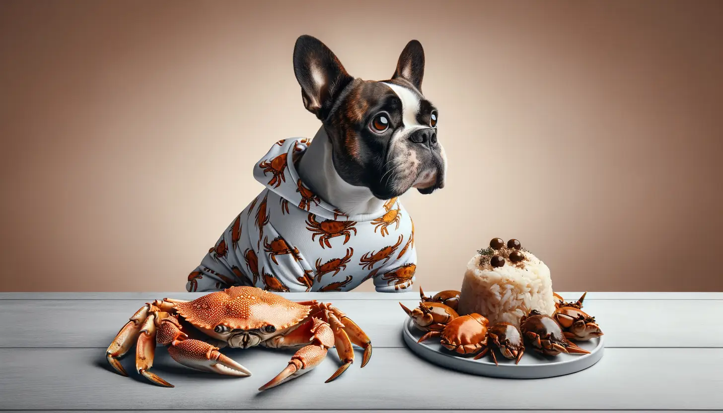 A dog with a curious expression looking at crabs, indicating moderate safety for dogs.