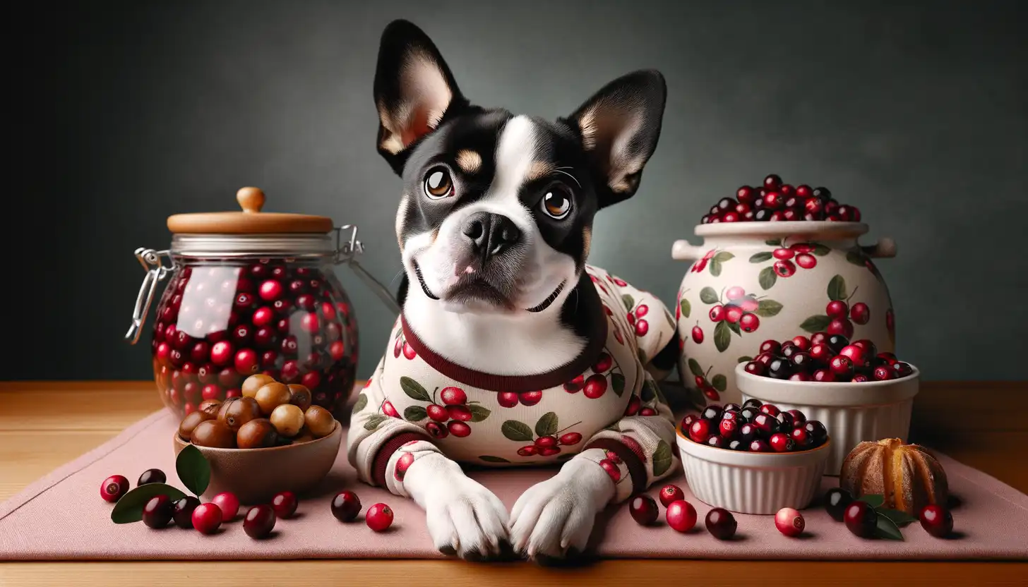 A dog with a happy expression looking at cranberries, highlighting healthy food for dogs.