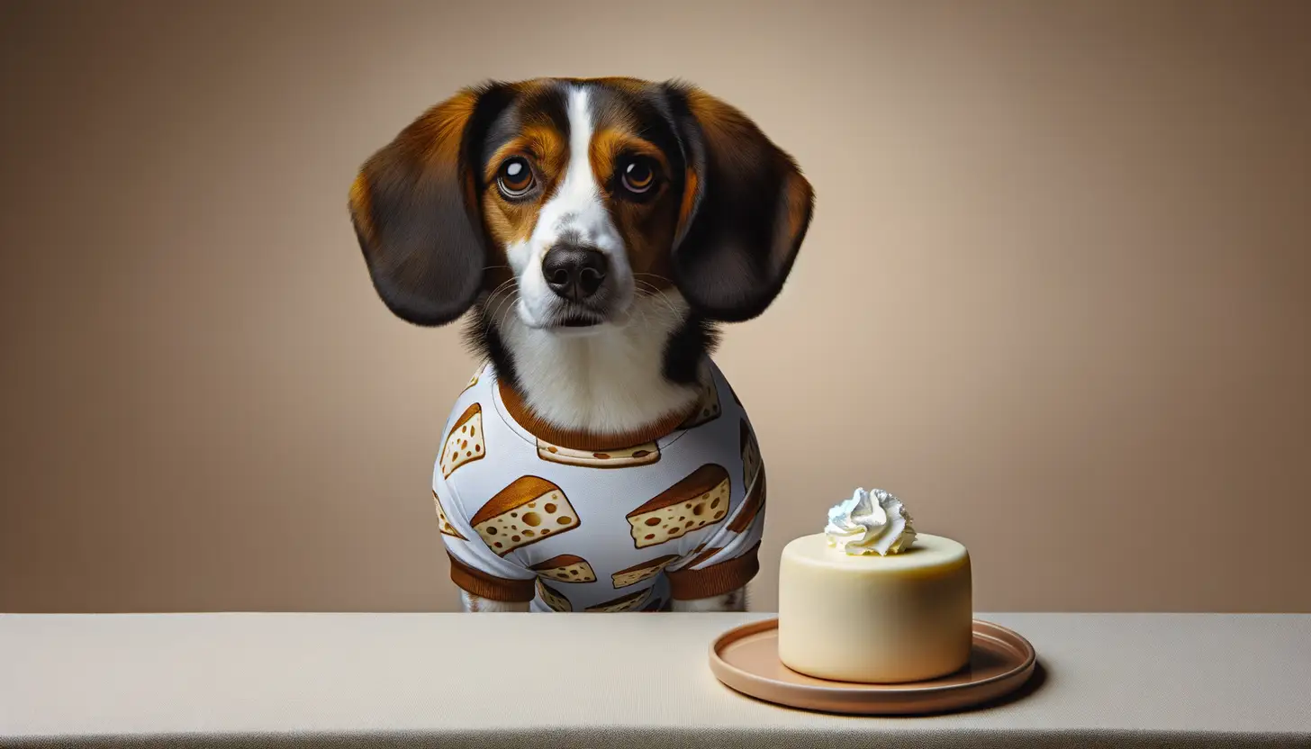 A dog with a wary expression looking at cream cheese, showing they are harmful to dogs.