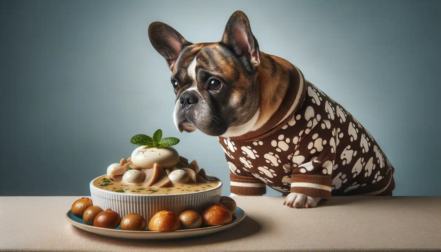 A dog with a wary expression looking at cream of mushroom soup, showing they are harmful to dogs.