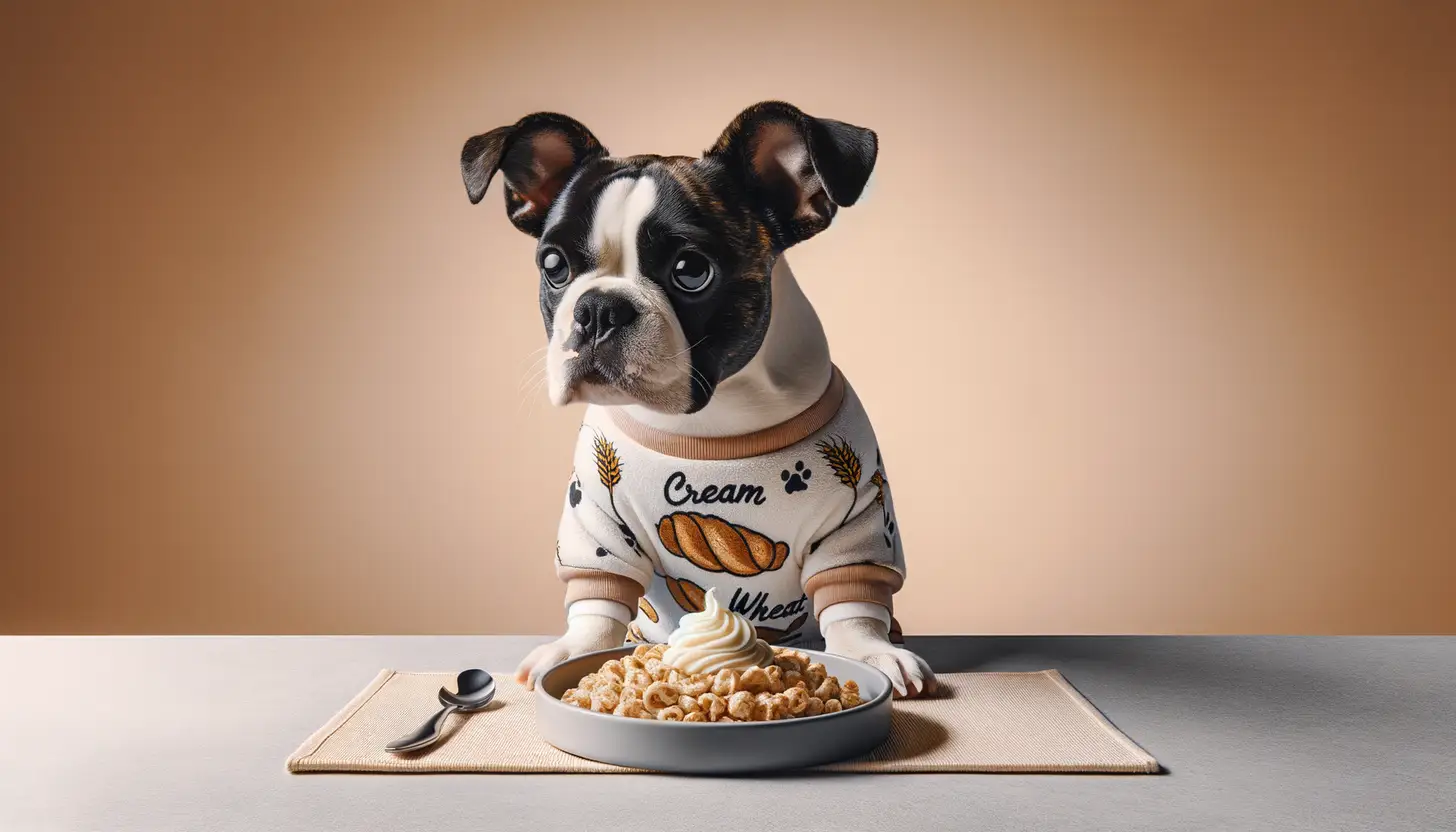 A dog with a curious expression looking at cream of wheat, indicating moderate safety for dogs.