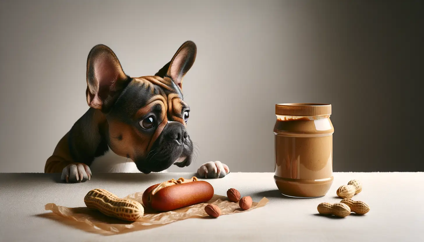 A dog with a curious expression looking at crunchy peanut butter, indicating moderate safety for dogs.