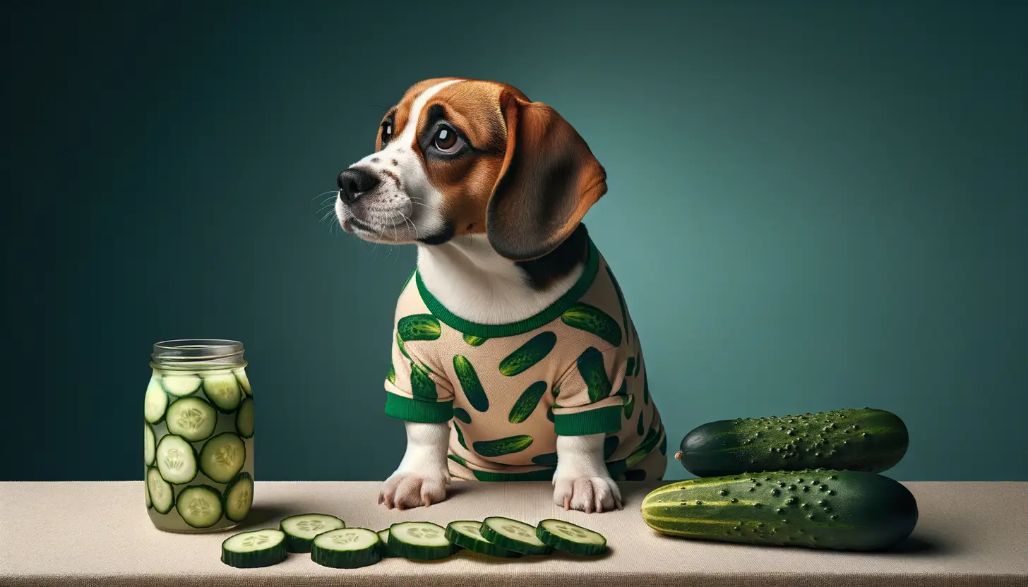 A dog with a happy expression looking at cucumbers, highlighting healthy food for dogs.