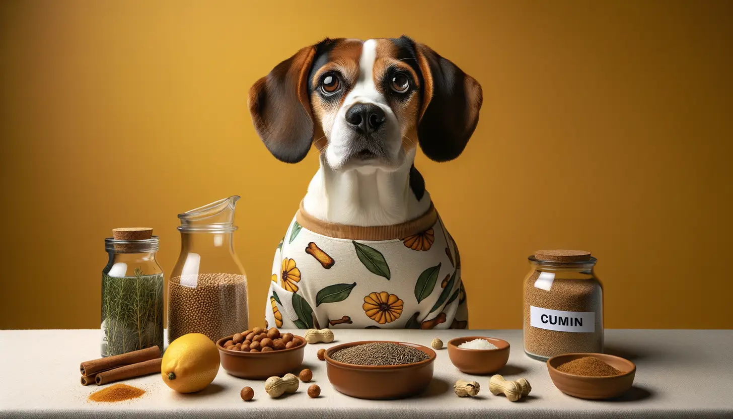 A dog with an unsure expression looking at cumin, indicating caution for dog consumption.