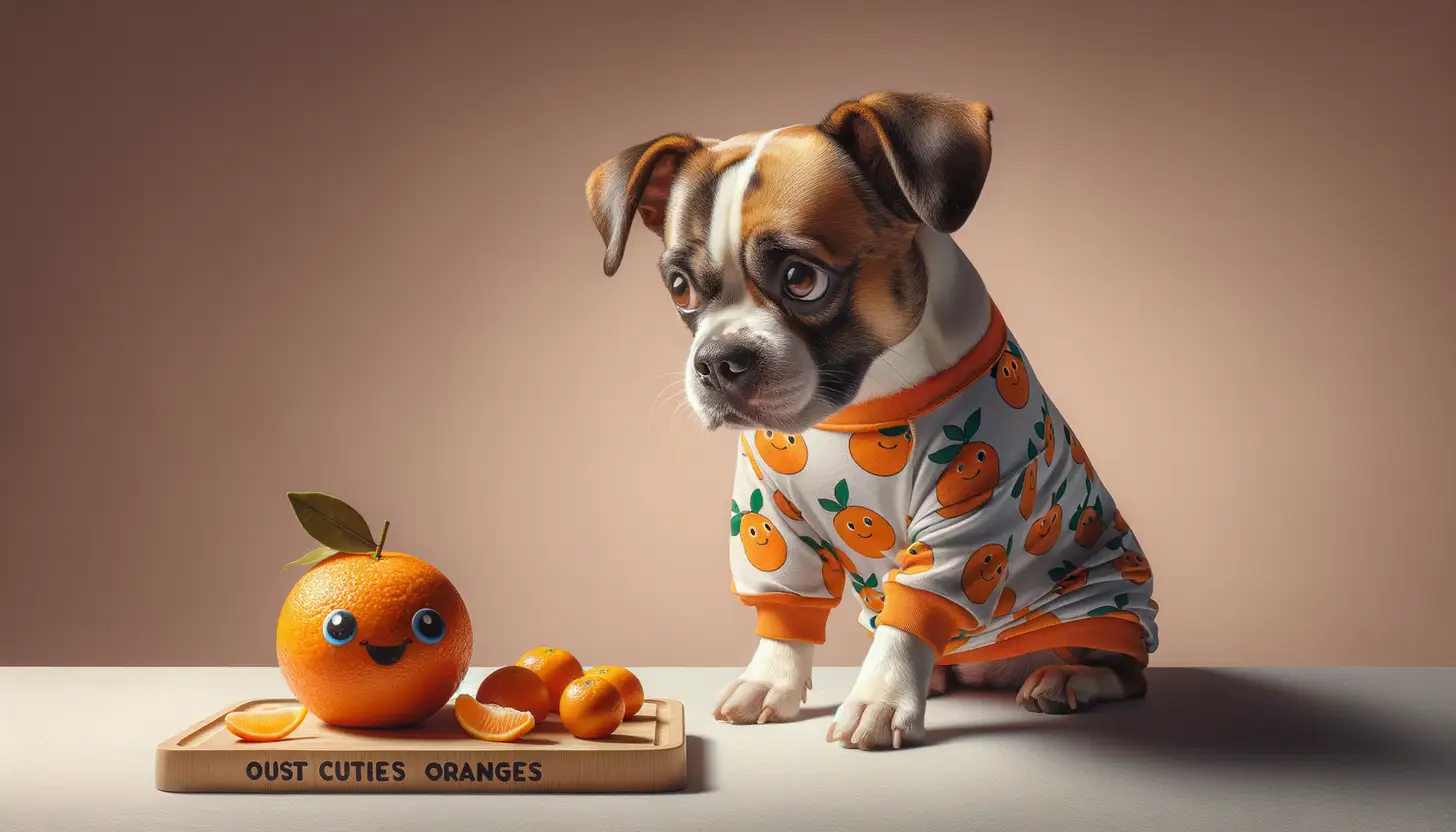 A dog with a curious expression looking at cuties oranges, indicating moderate safety for dogs.