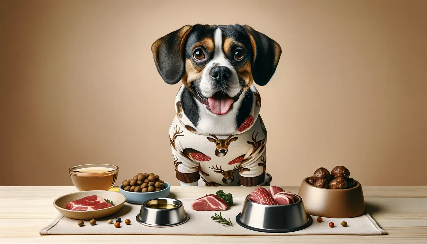 A dog with a happy expression looking at deer meat, highlighting healthy food for dogs.