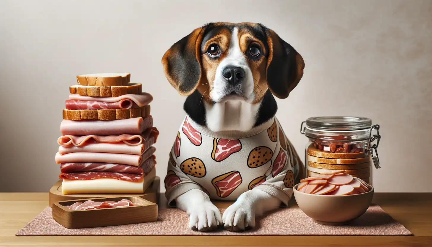 A dog with a wary expression looking at deli meat, showing they are harmful to dogs.