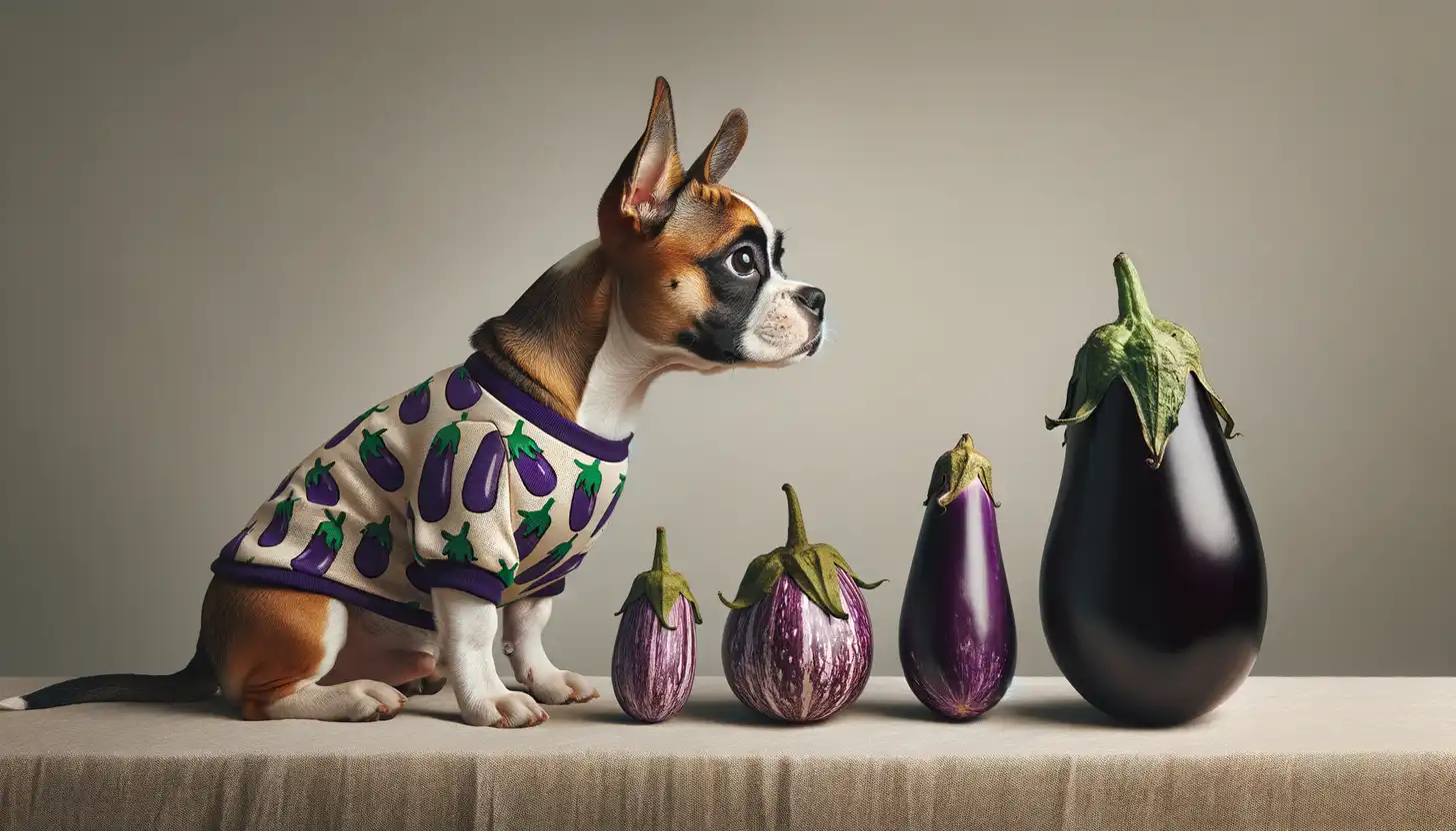 A dog with a curious expression looking at eggplant, indicating moderate safety for dogs.