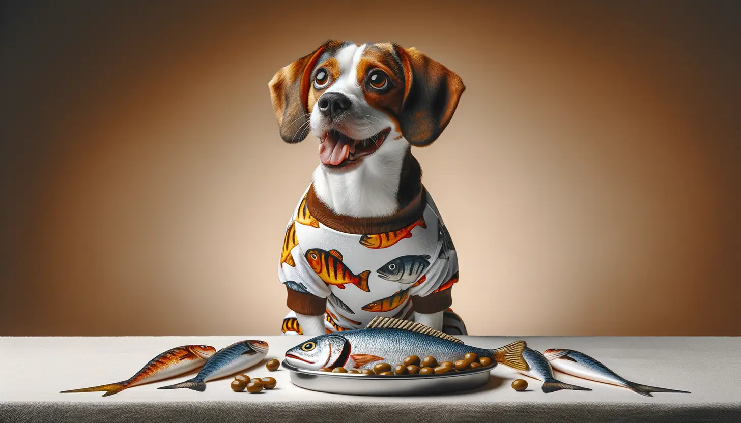 A dog with a happy expression looking at fish, highlighting healthy food for dogs.