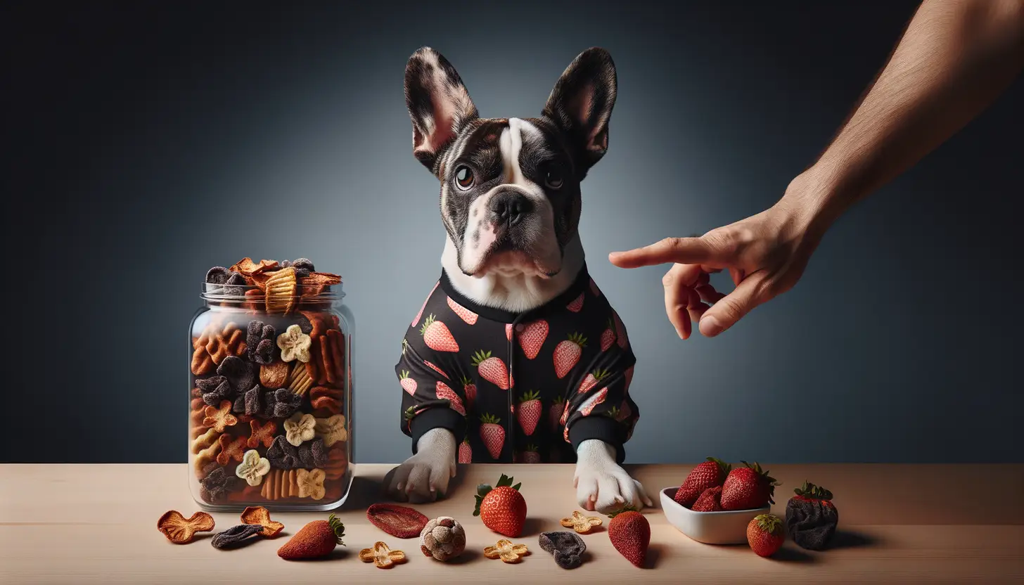 A dog with a happy expression looking at freeze dried strawberries, highlighting healthy food for dogs.