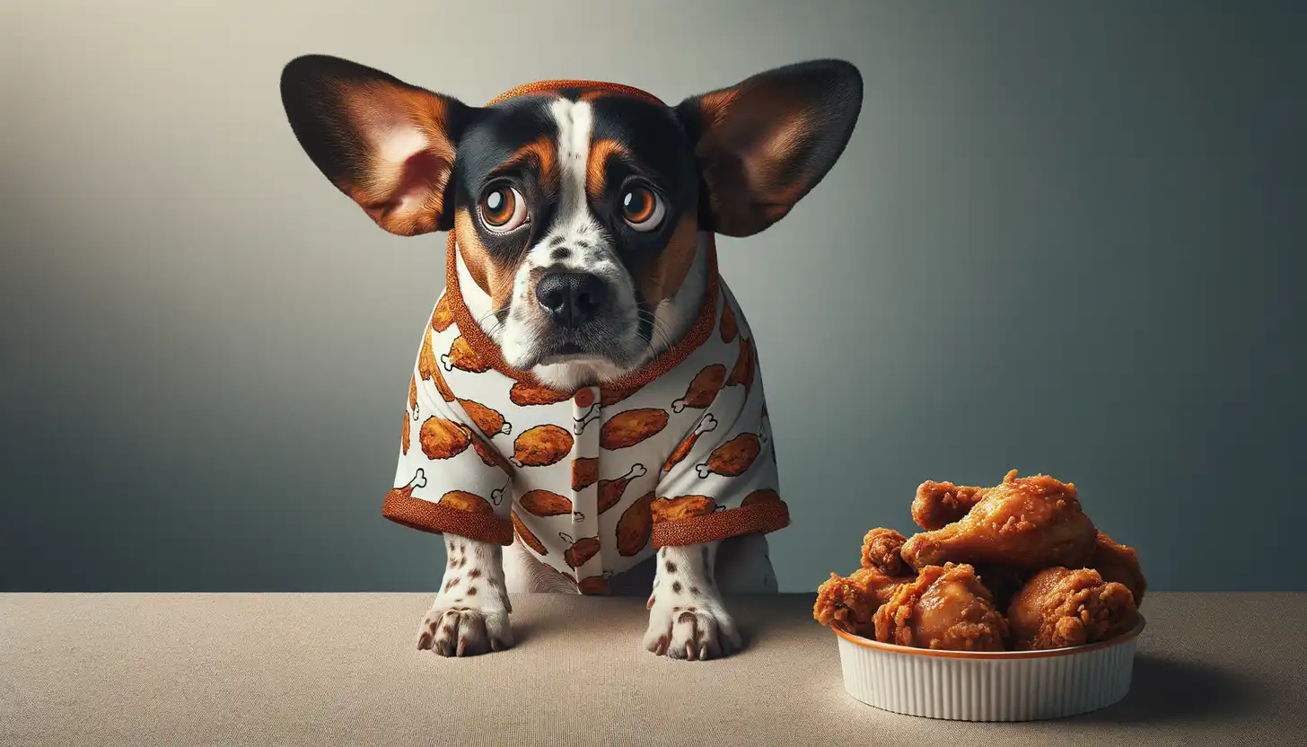 A dog with a wary expression looking at fried chicken, showing they are harmful to dogs.