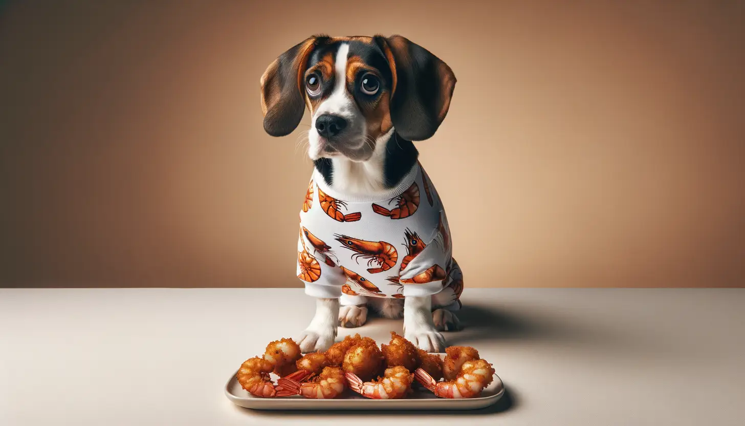 A dog with a wary expression looking at fried shrimp, showing they are harmful to dogs.