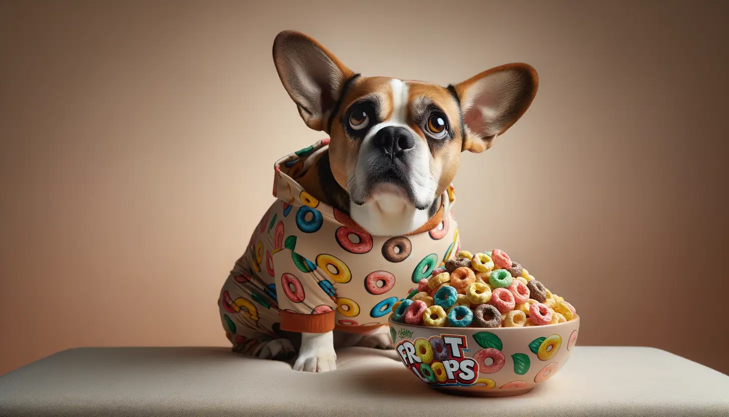 A dog with a wary expression looking at froot loops, showing they are harmful to dogs.