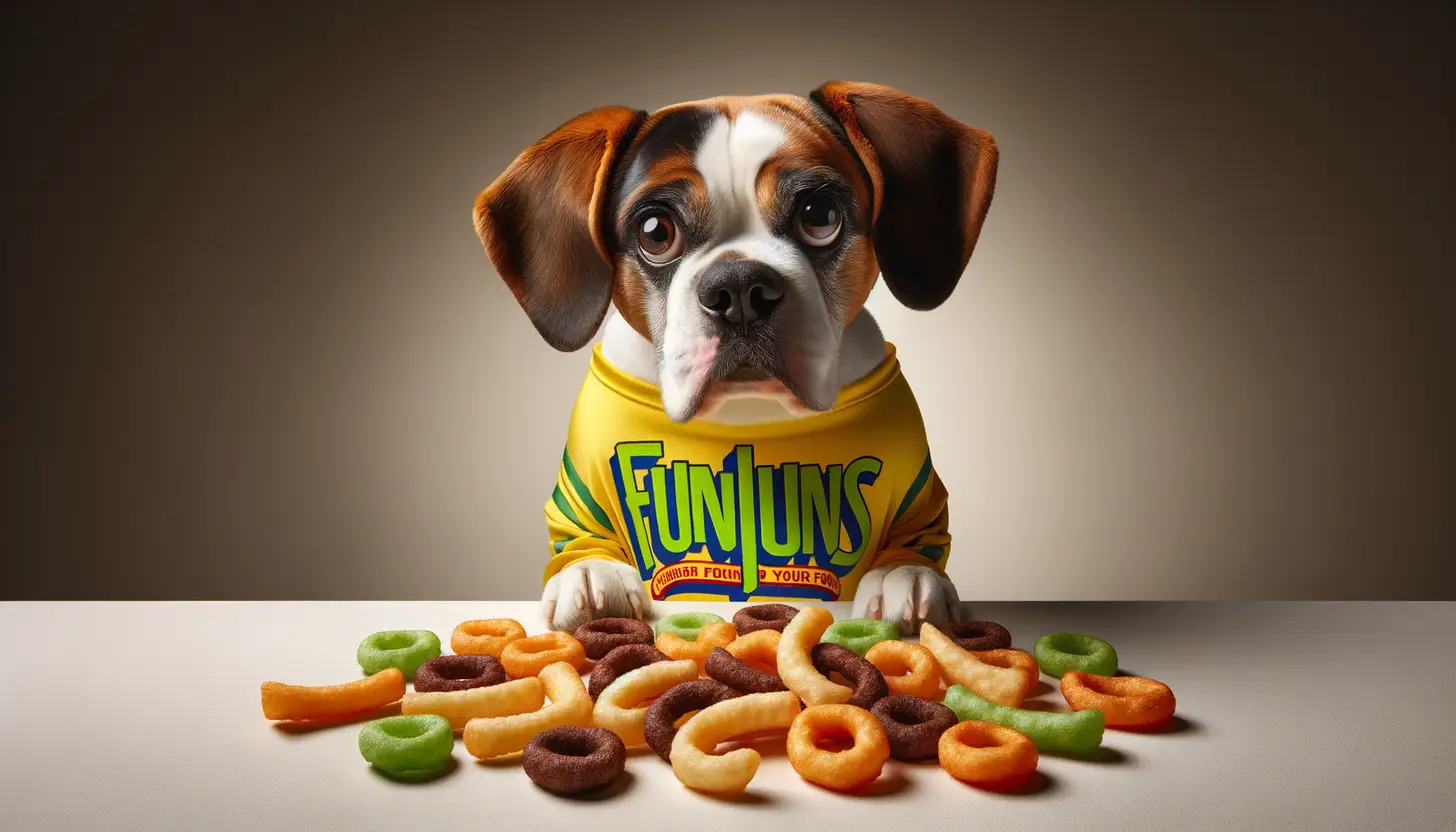 A dog with a concerned expression looking at funyuns, indicating it's toxic for dogs.