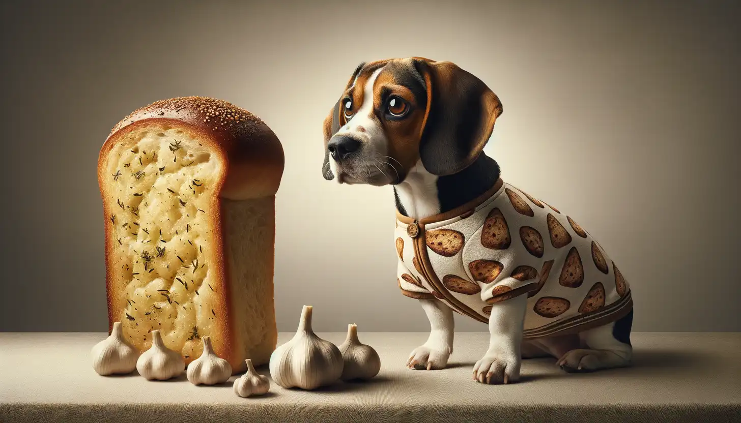 A dog with a wary expression looking at garlic bread, showing they are harmful to dogs.