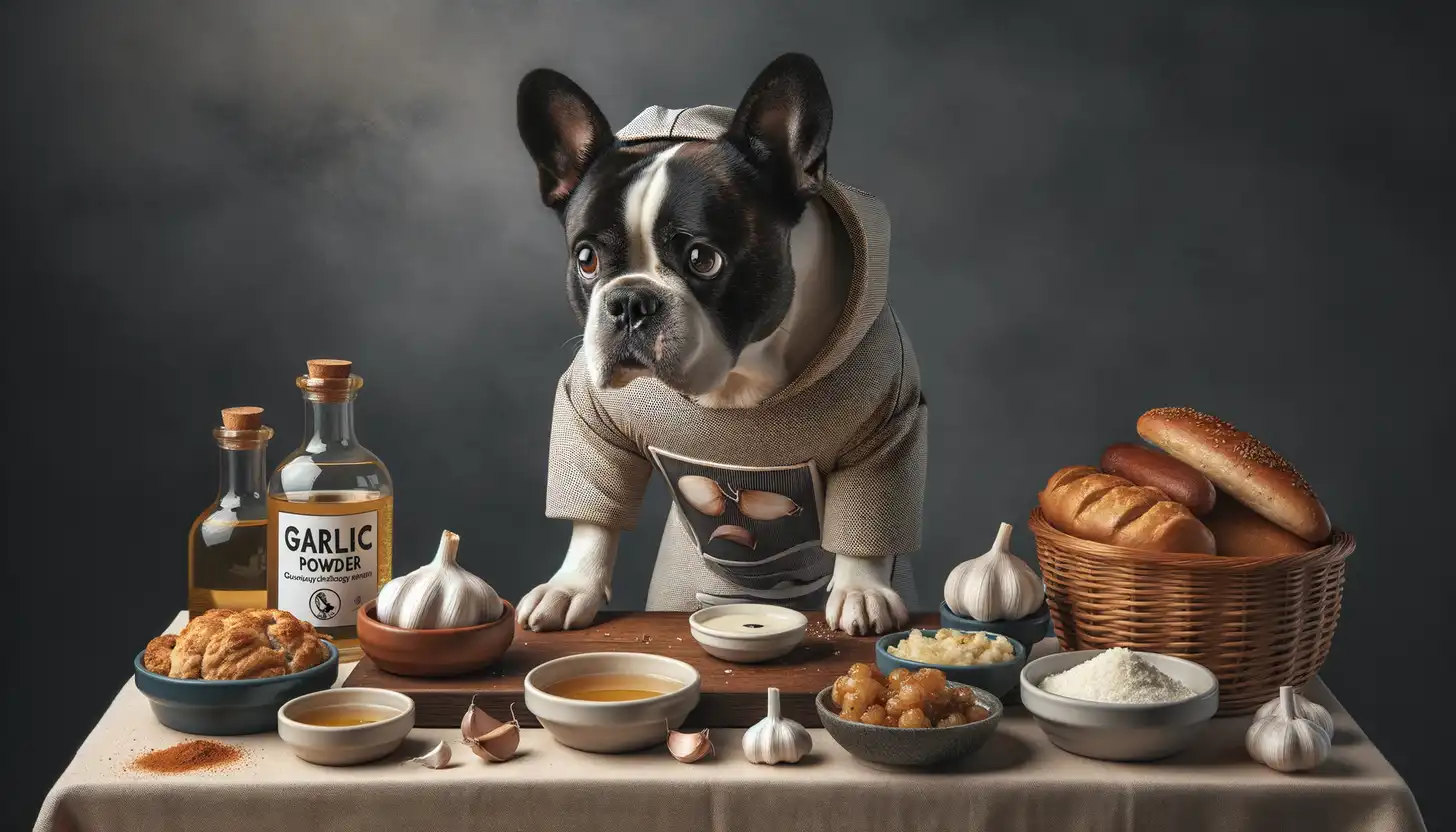 A dog with a concerned expression looking at garlic powder, indicating it's toxic for dogs.