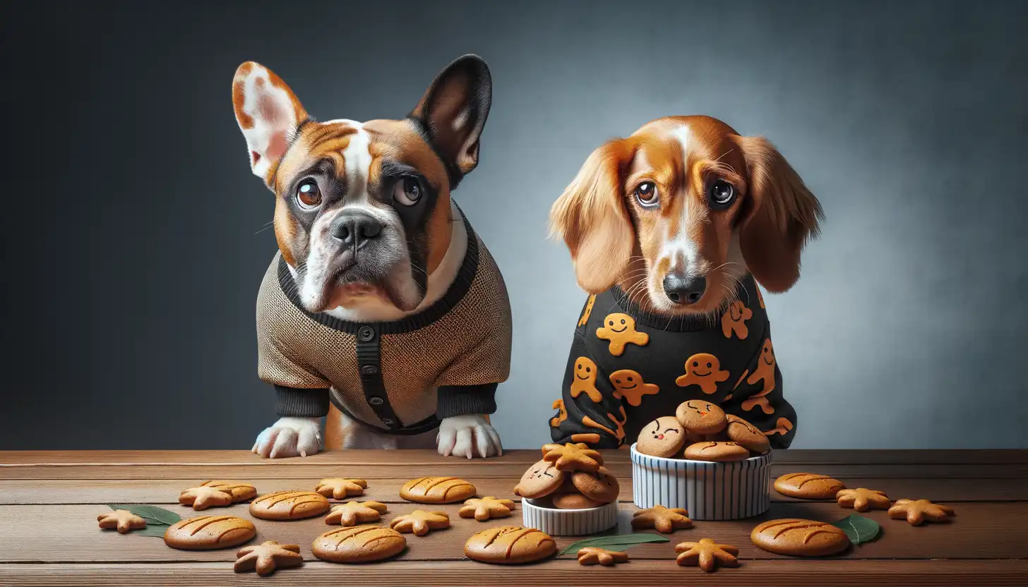 A dog with a wary expression looking at ginger snaps, showing they are harmful to dogs.