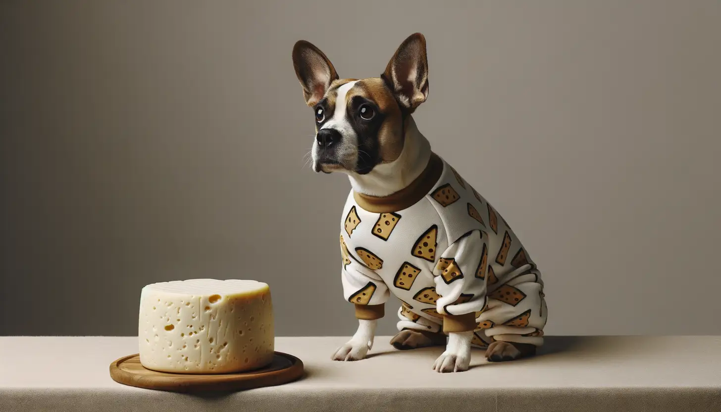 A dog with a wary expression looking at goat cheese, showing they are harmful to dogs.