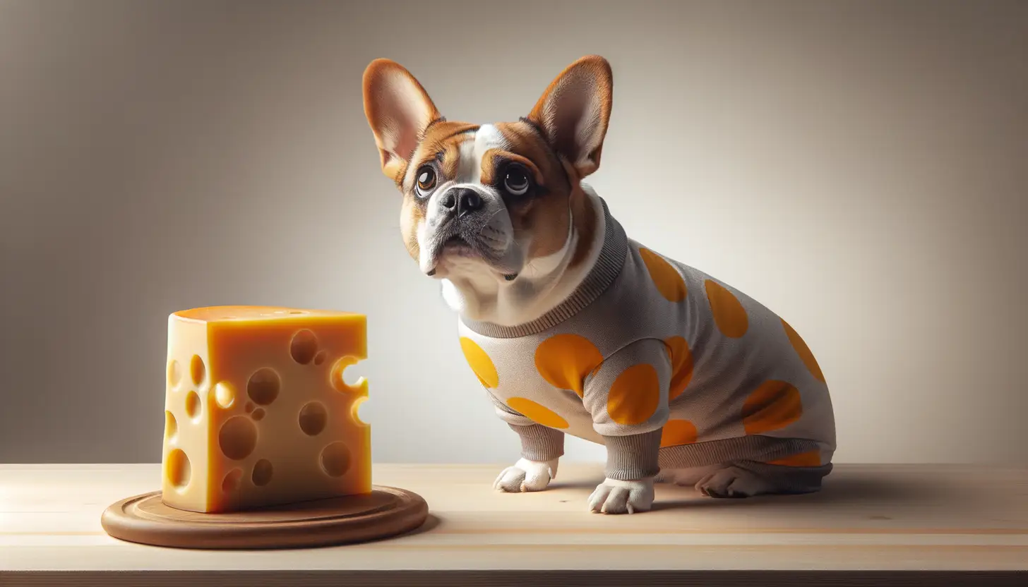 A dog with a wary expression looking at gouda cheese, showing they are harmful to dogs.