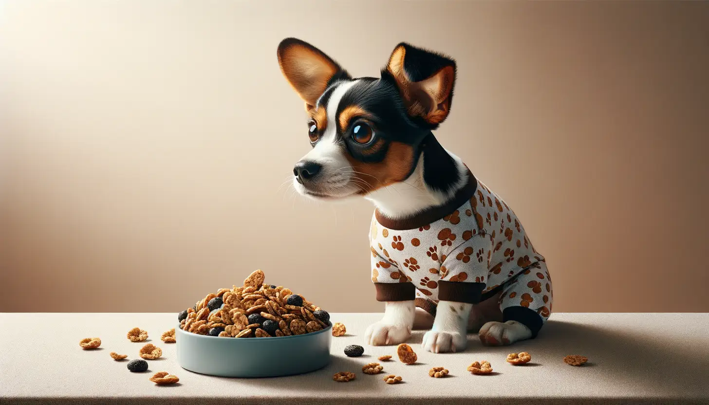 A dog with an unsure expression looking at granola, indicating caution for dog consumption.