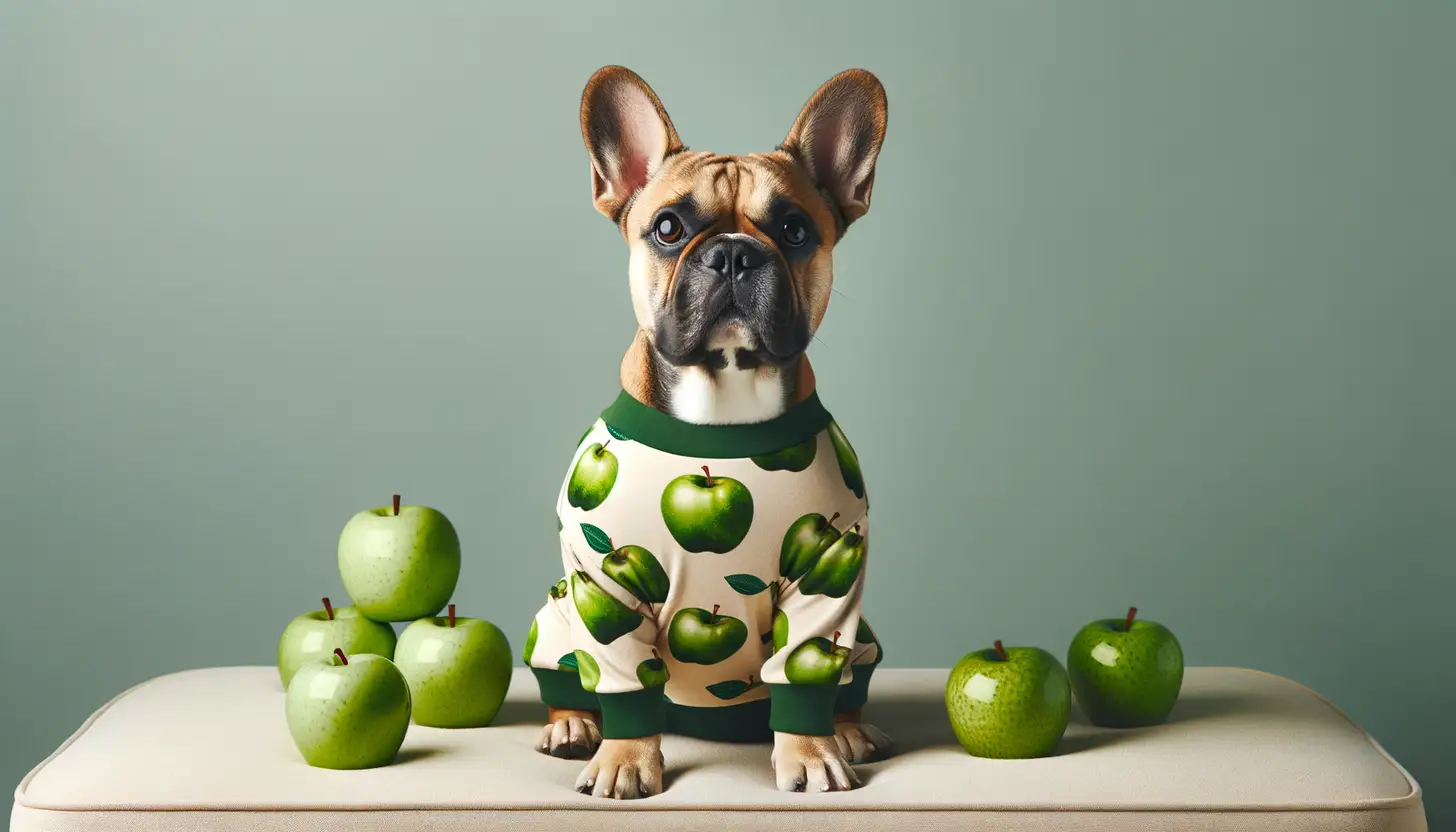 A dog with a happy expression looking at green apples, highlighting healthy food for dogs.