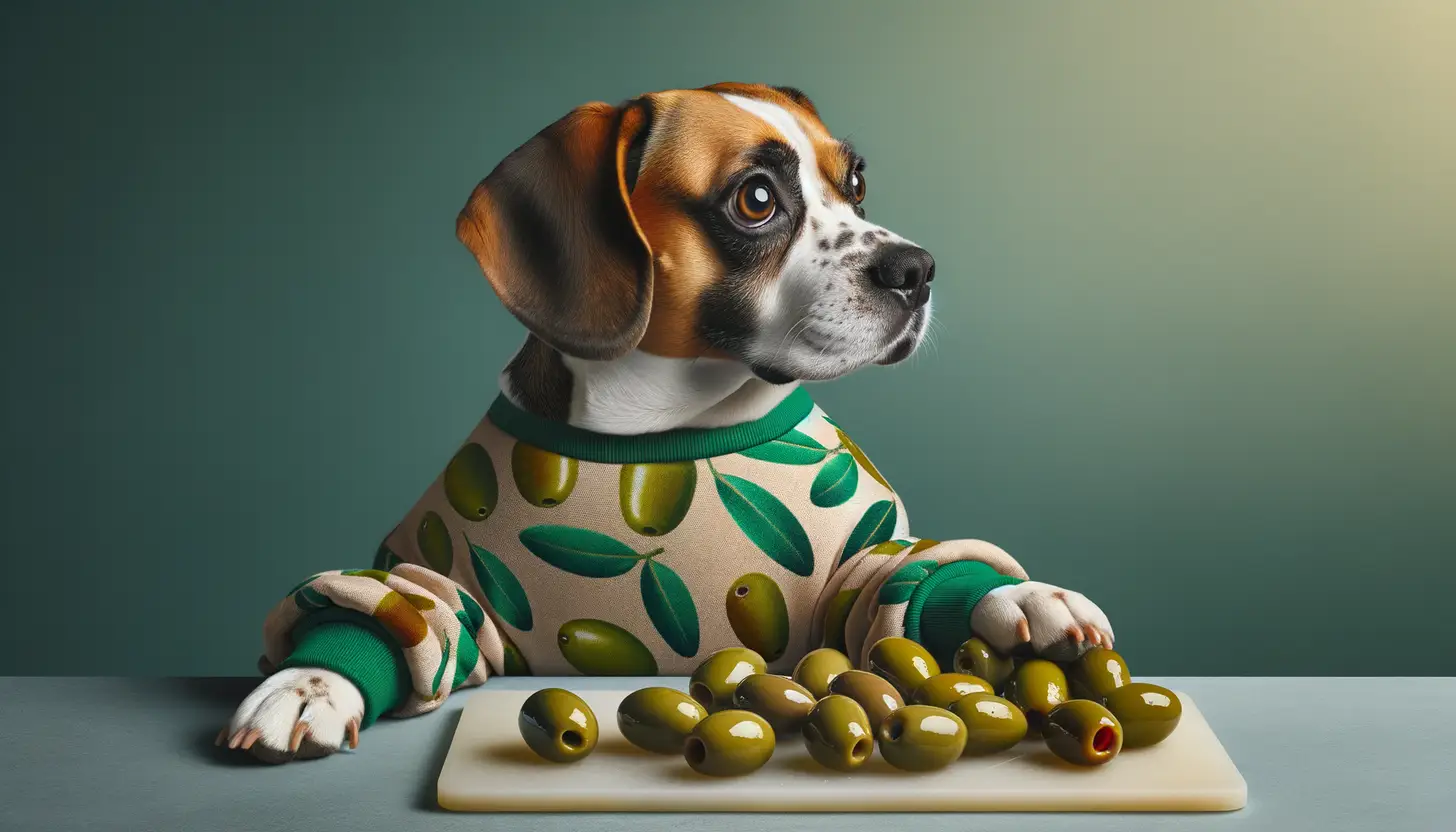 A dog with a curious expression looking at green olives, indicating moderate safety for dogs.