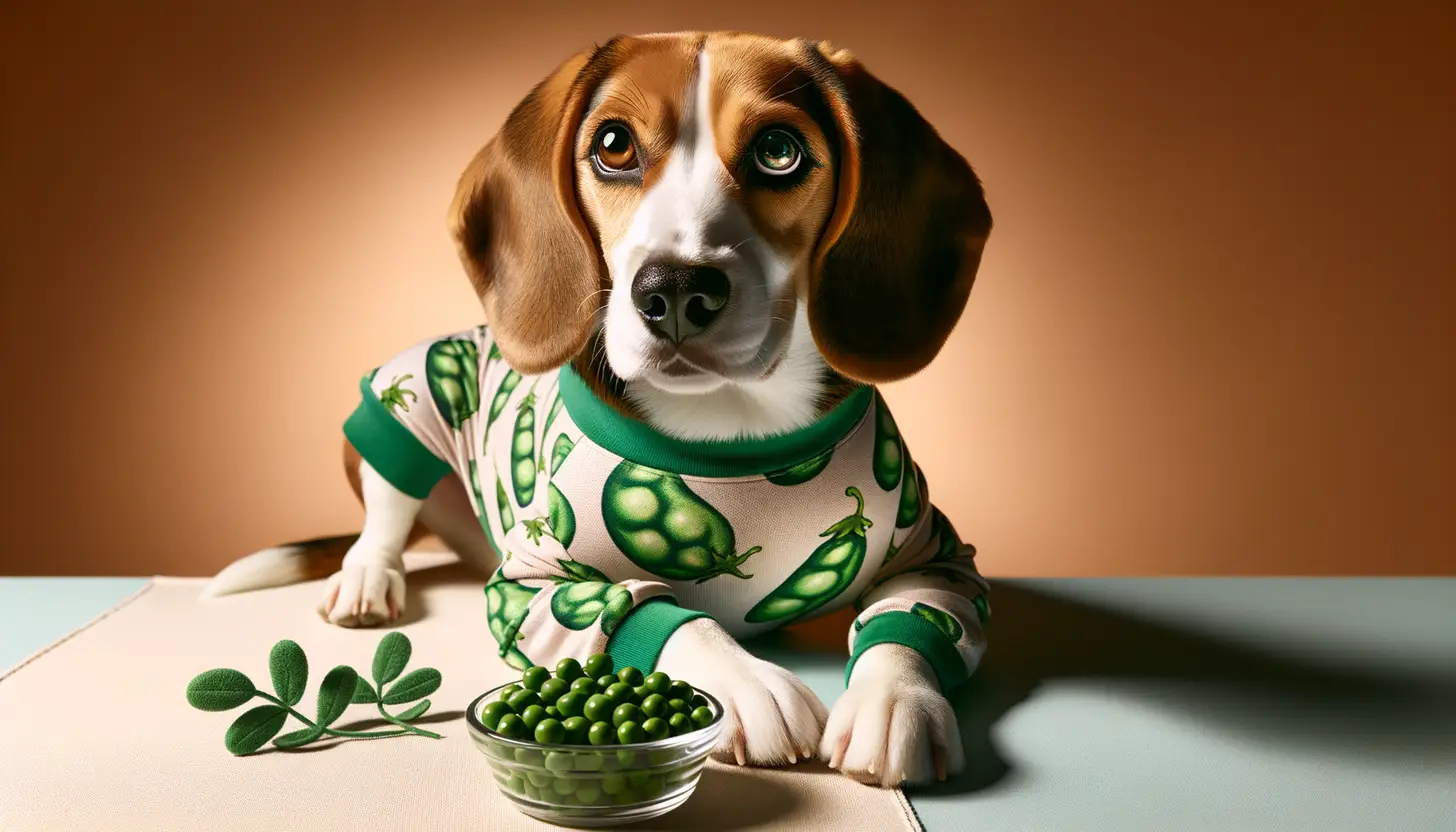 A dog with a happy expression looking at green peas, highlighting healthy food for dogs.