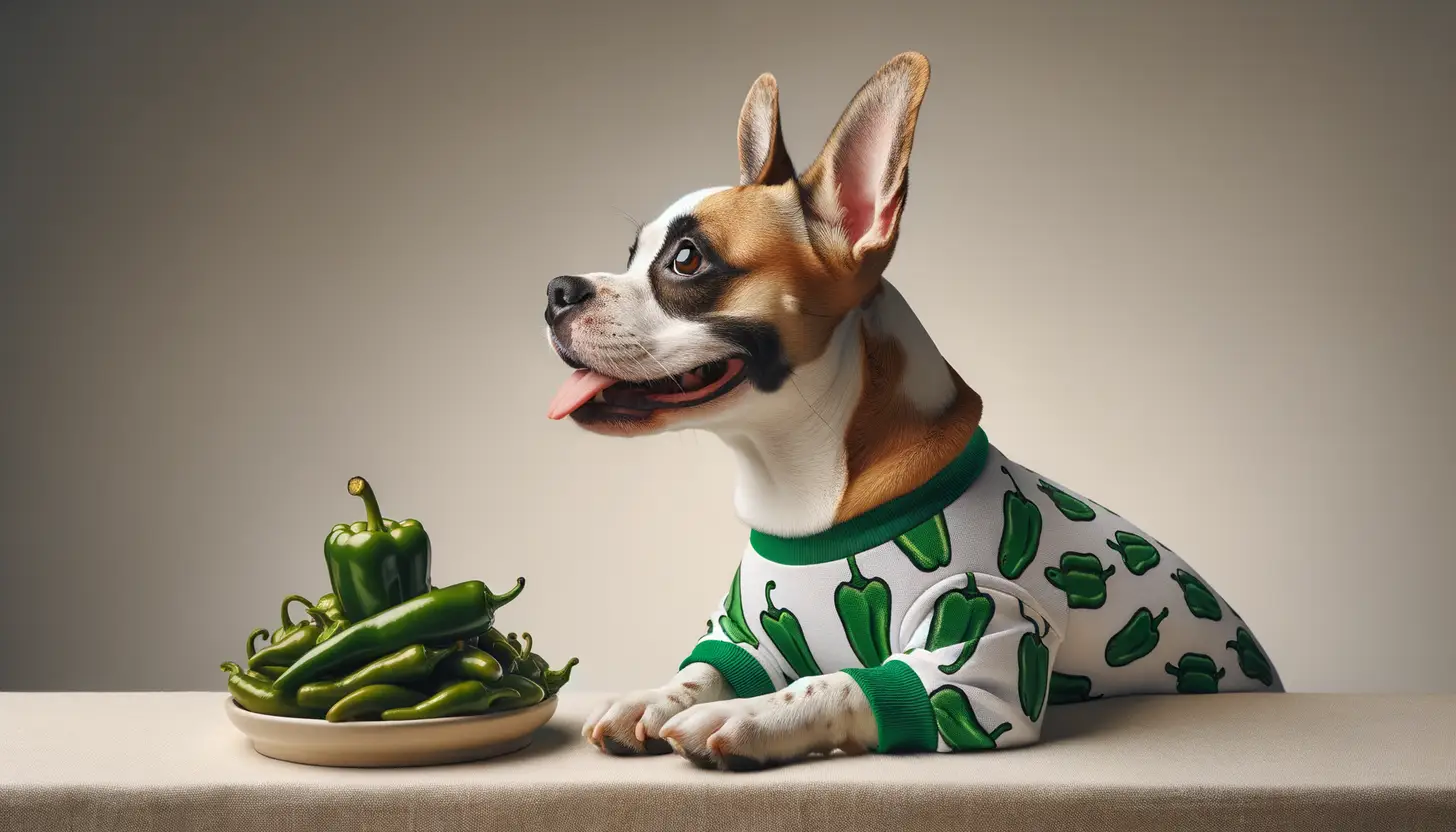 A dog with a happy expression looking at green pepper, highlighting healthy food for dogs.