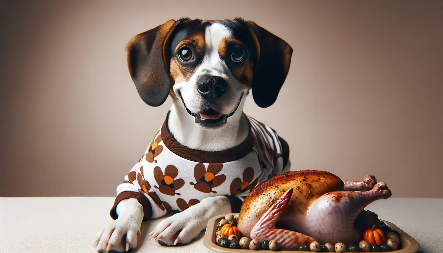 A dog with a happy expression looking at ground turkey, highlighting healthy food for dogs.