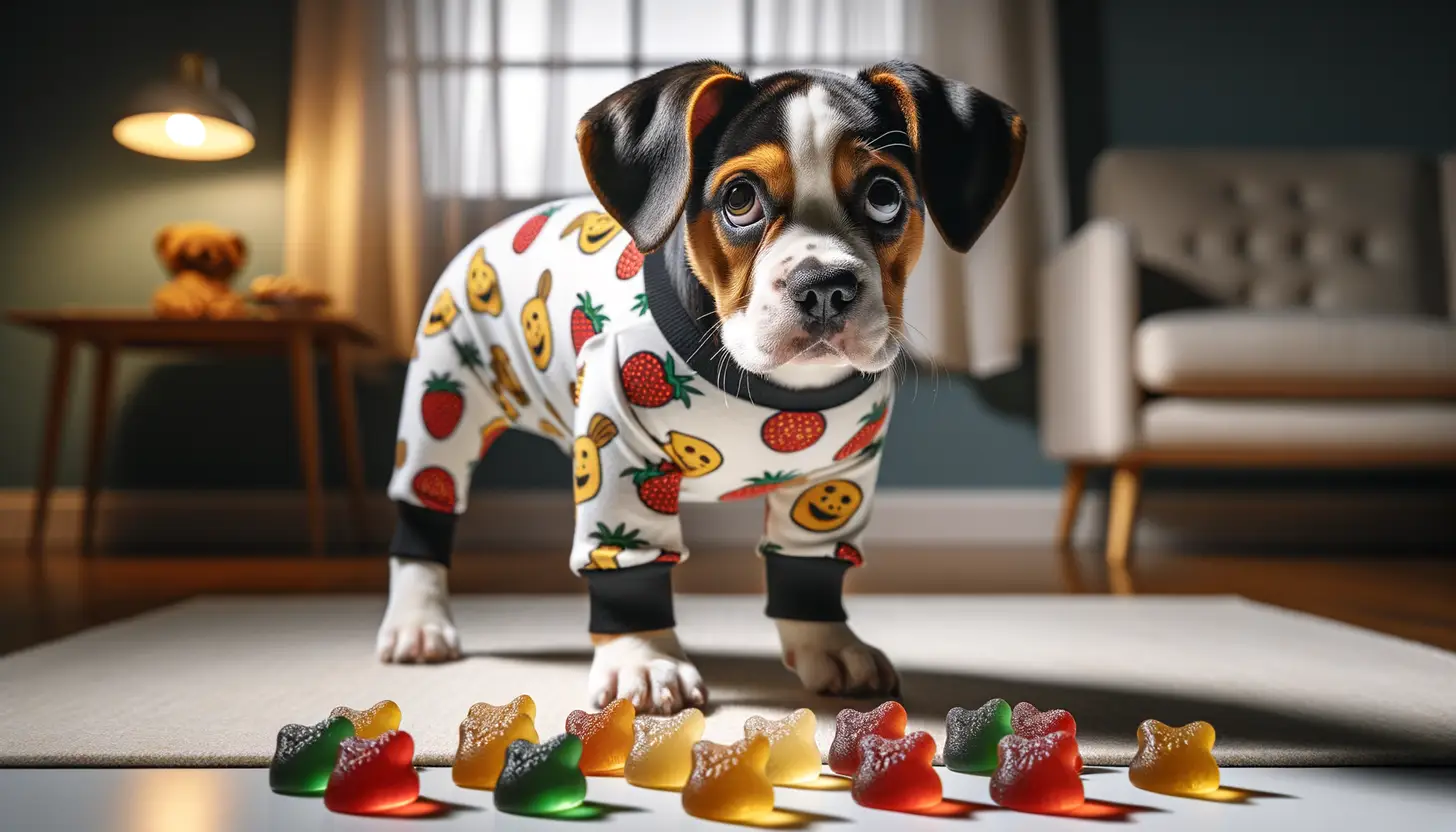 A dog with a concerned expression looking at gummies, indicating it's toxic for dogs.