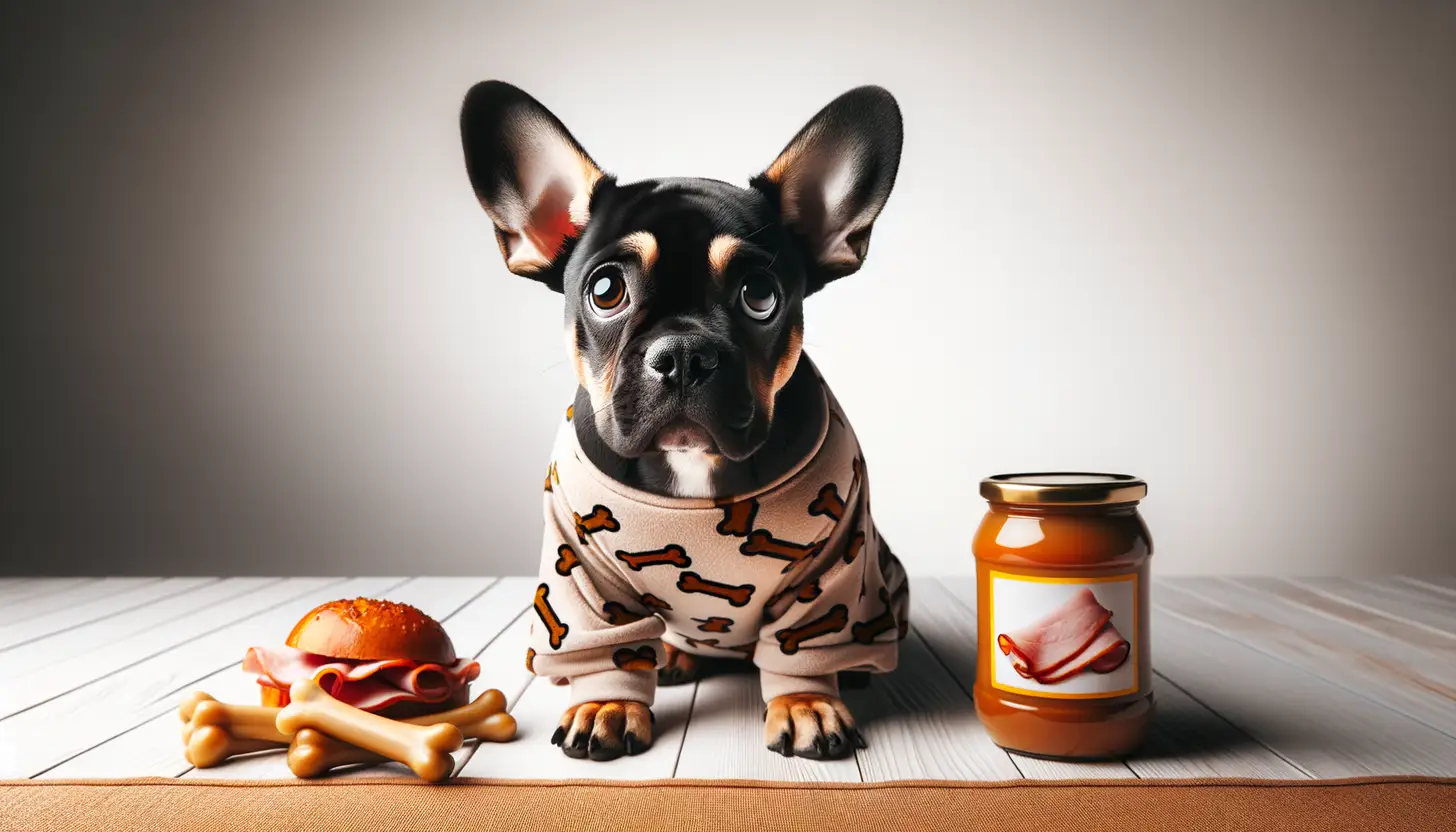 A dog with a wary expression looking at ham bones, showing they are harmful to dogs.