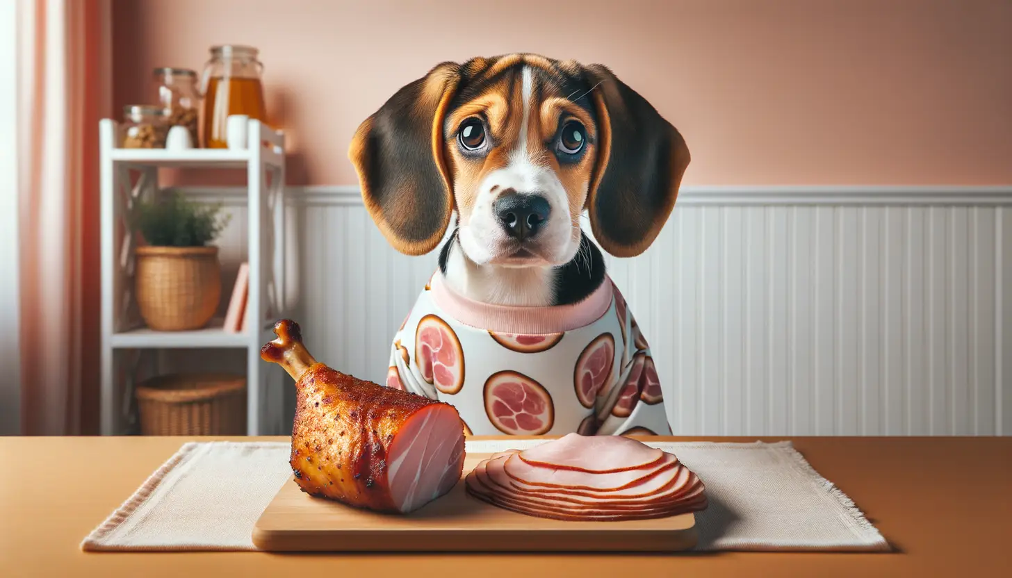 A dog with a curious expression looking at ham, indicating moderate safety for dogs.