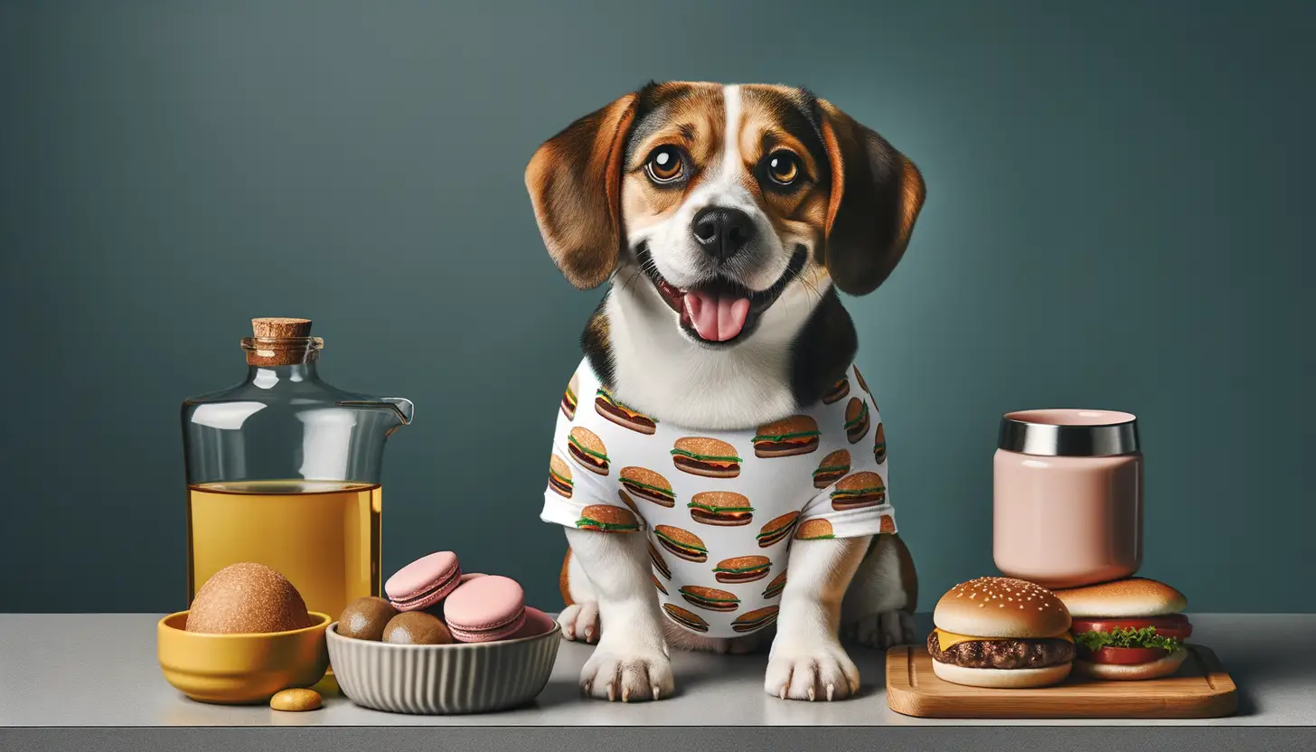 A dog with a happy expression looking at hamburger meat, highlighting healthy food for dogs.